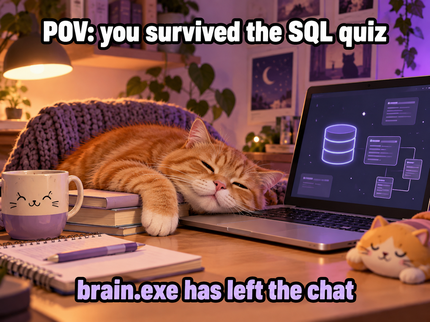 An exhausted orange cat after the SQL quiz. POV: you survived the SQL quiz. Brain.exe has left the chat.